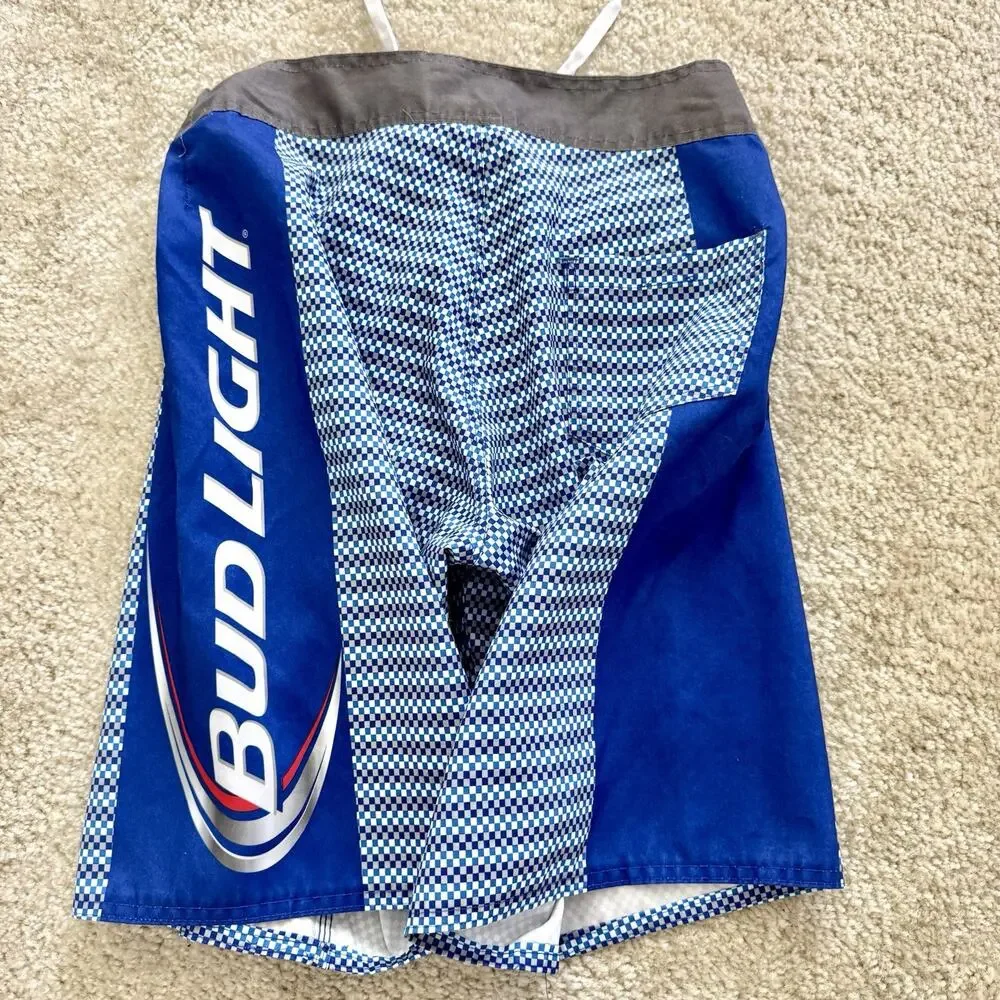 Bud Light Board Shorts Mens Size 30 Blue Checkered Swim Trunks Surf Beach Light